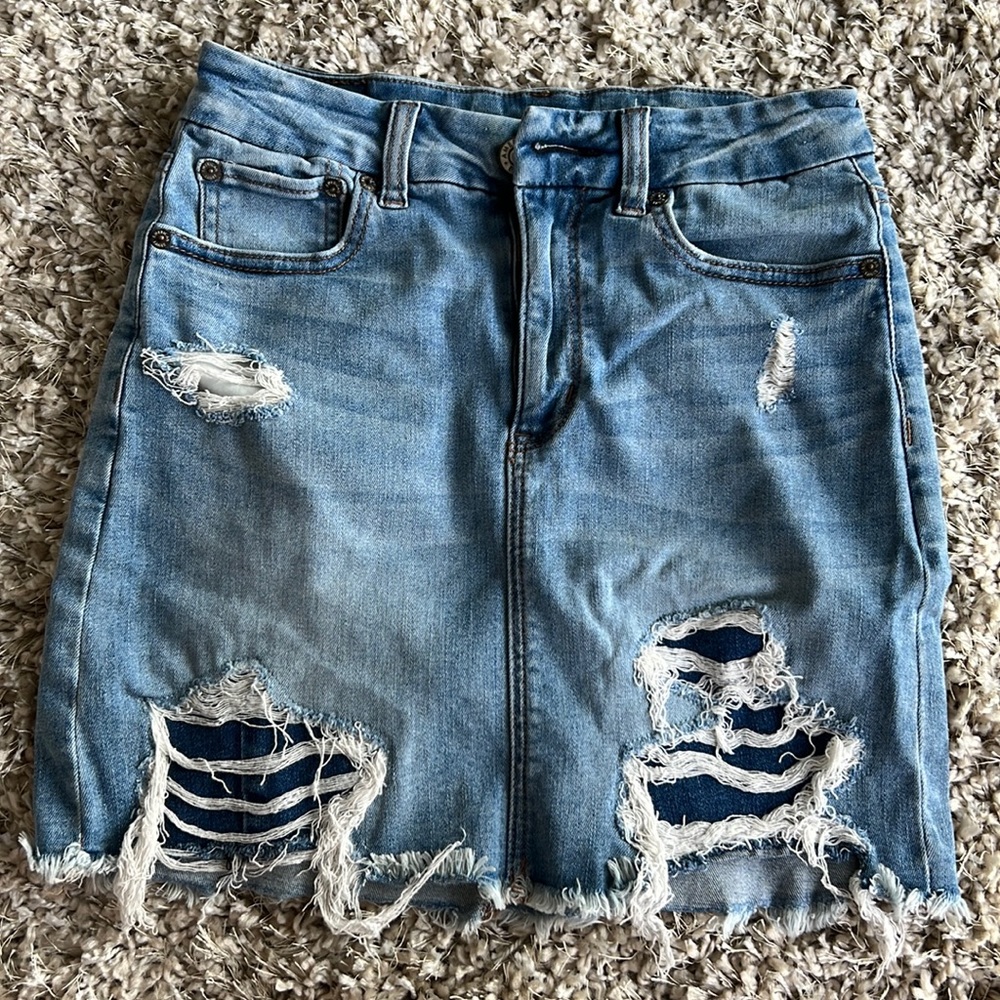 American Eagle distressed jean mini skirt, size 2